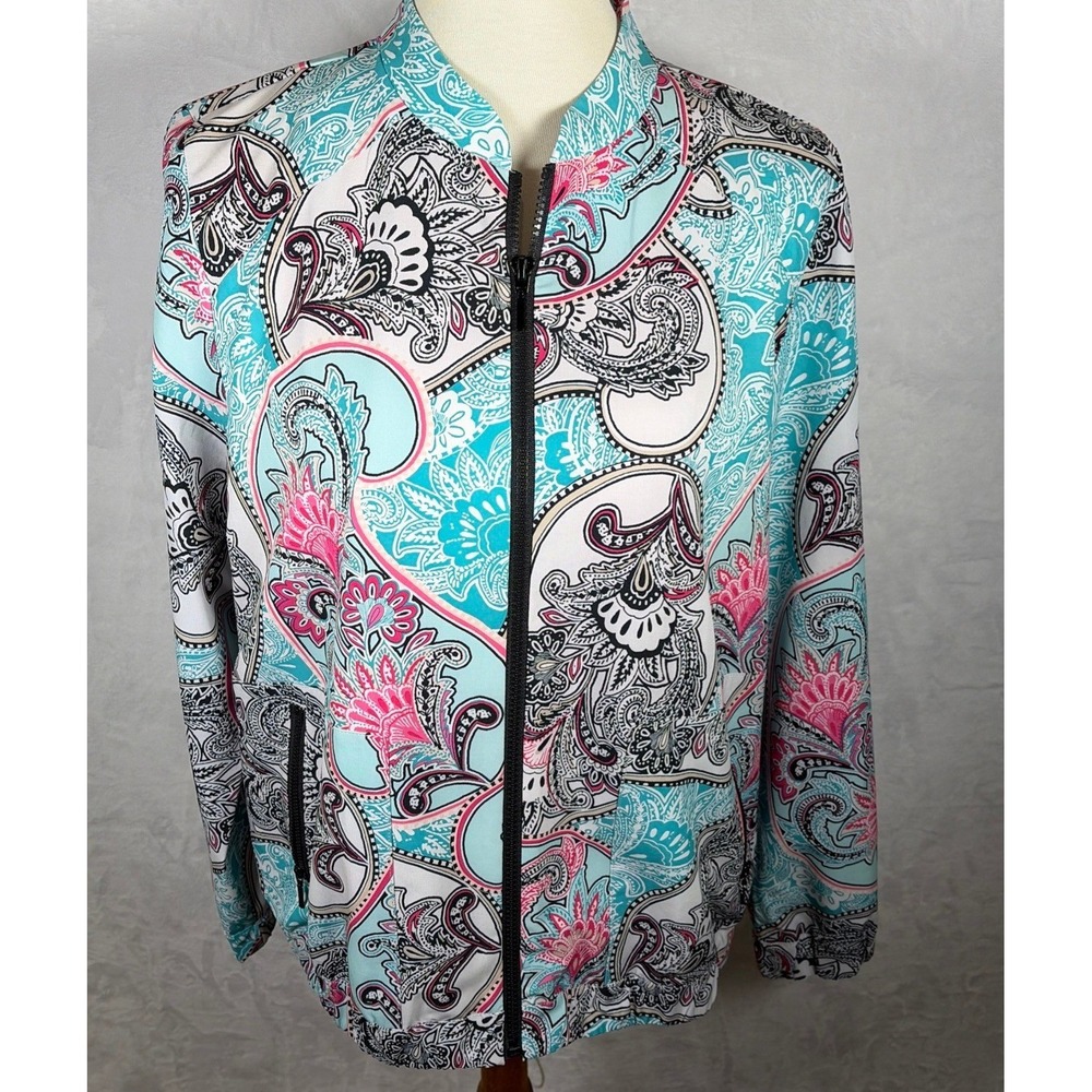 Chicos Zenergy Paisley Full Zip Bomber Jacket Womens Size 1 US 8/10 Multicolor